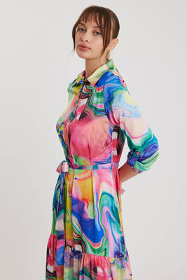 Batik Desen Uzun Kol Kuşaklı Elbise - Thumbnail (7)