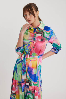 Batik Desen Uzun Kol Kuşaklı Elbise - Thumbnail (8)