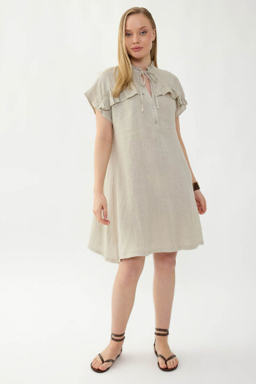 %100 Keten Bebe Yaka Sedef Düğmeli Kısa Kol Elbise - 11
