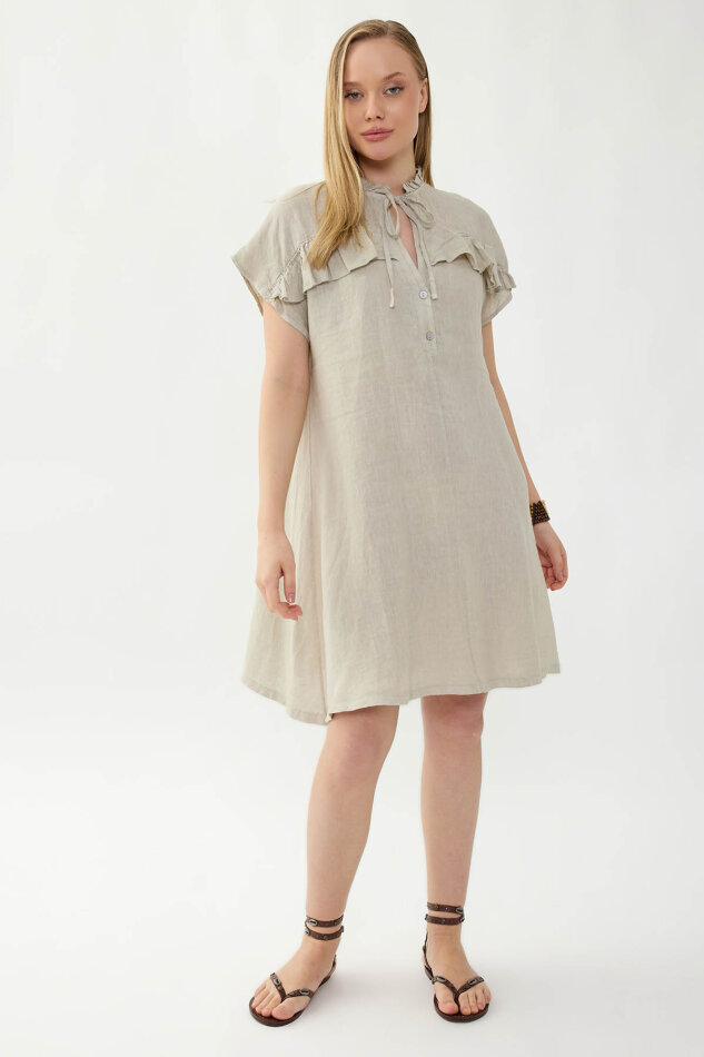 %100 Keten Bebe Yaka Sedef Düğmeli Kısa Kol Elbise - 11