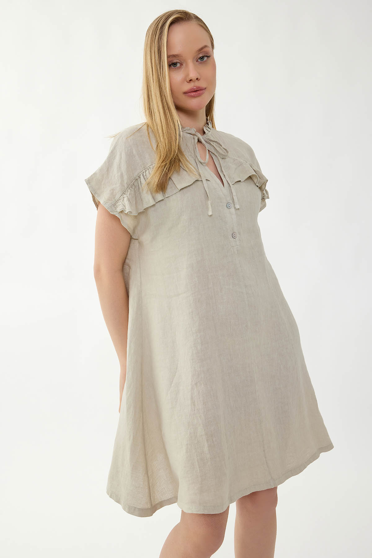 %100 Keten Bebe Yaka Sedef Düğmeli Kısa Kol Elbise - Thumbnail