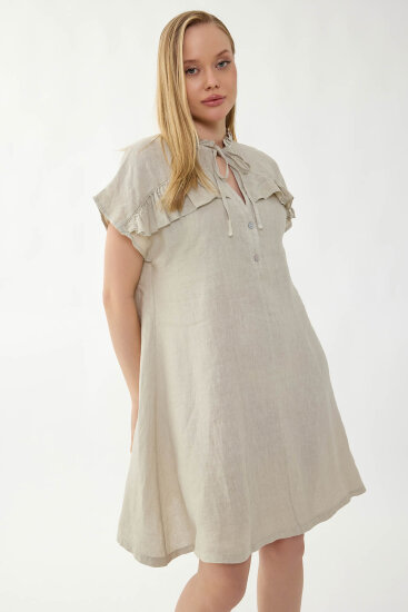 %100 Keten Bebe Yaka Sedef Düğmeli Kısa Kol Elbise - 12
