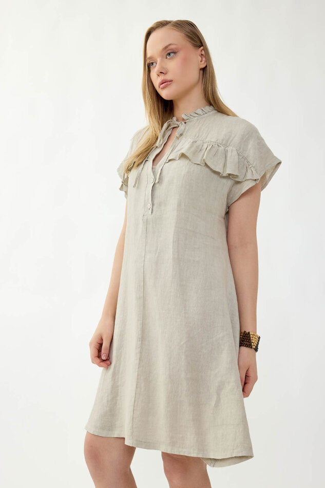 %100 Keten Bebe Yaka Sedef Düğmeli Kısa Kol Elbise - 14