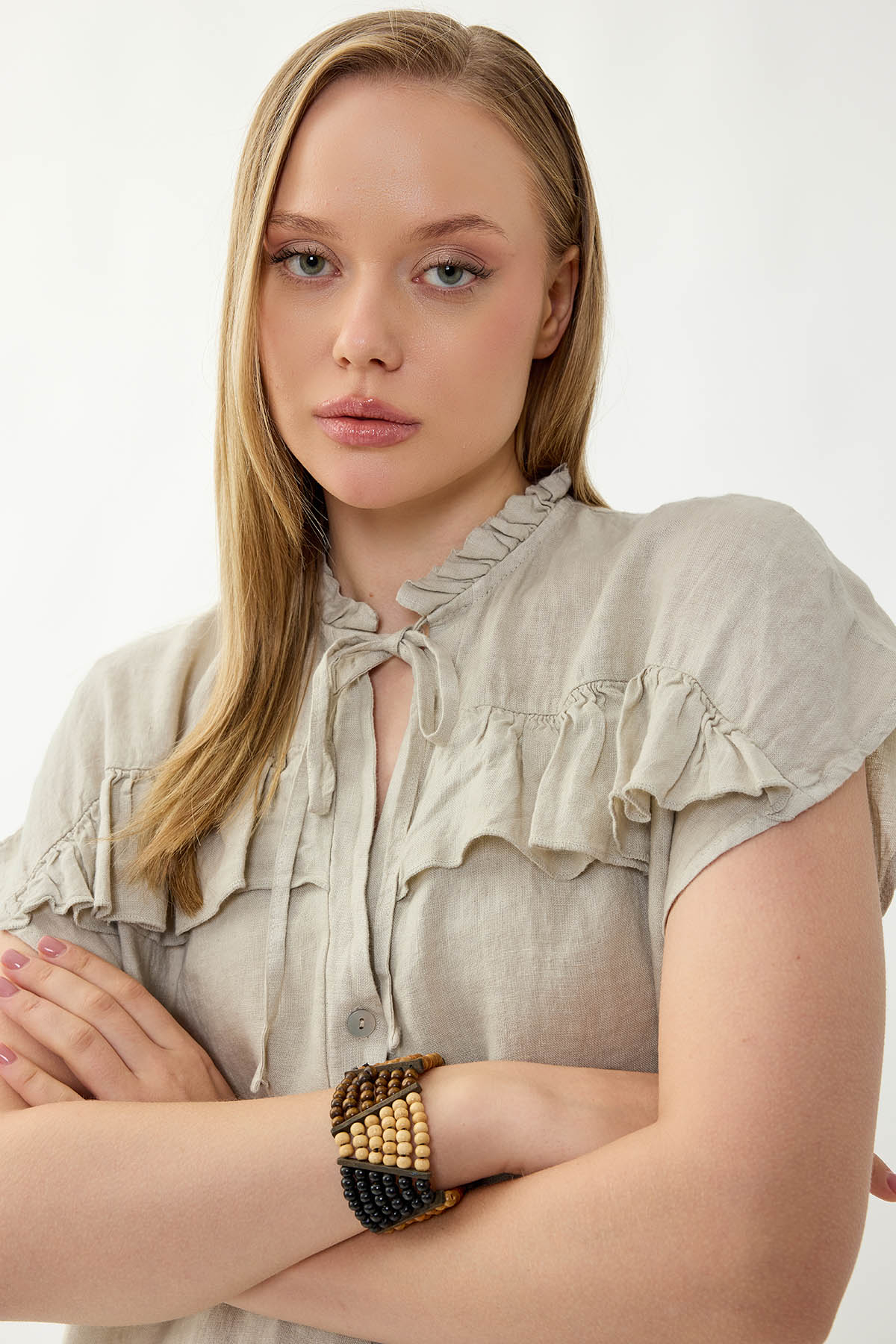 %100 Keten Bebe Yaka Sedef Düğmeli Kısa Kol Elbise - Thumbnail