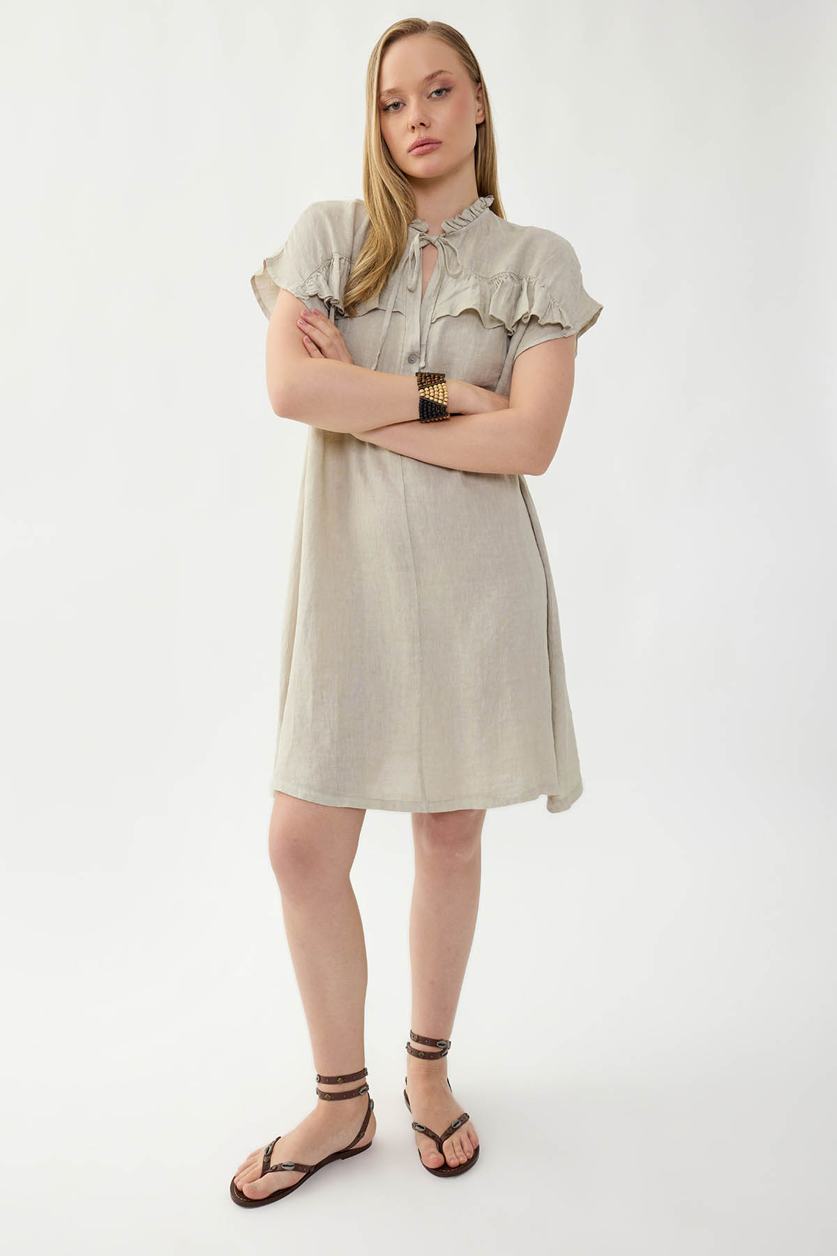 %100 Keten Bebe Yaka Sedef Düğmeli Kısa Kol Elbise - Thumbnail