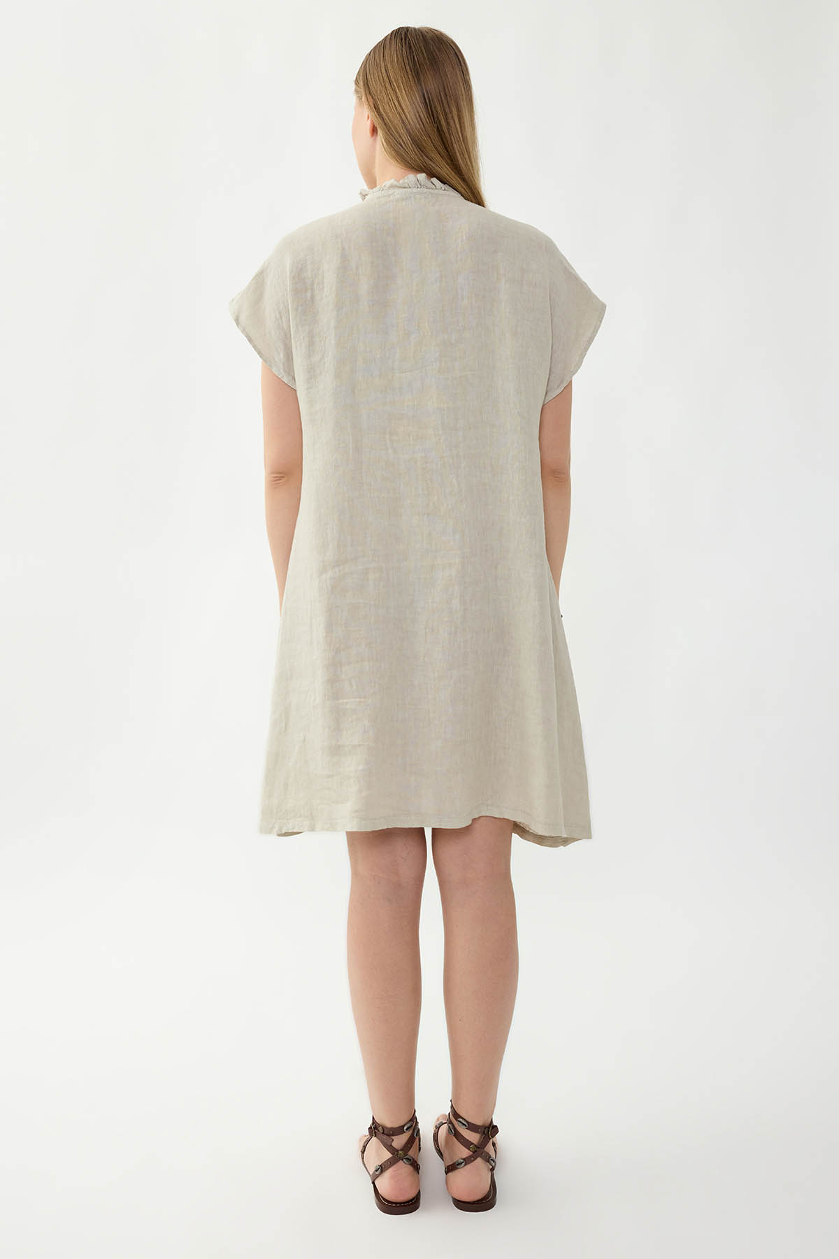 %100 Keten Bebe Yaka Sedef Düğmeli Kısa Kol Elbise - Thumbnail