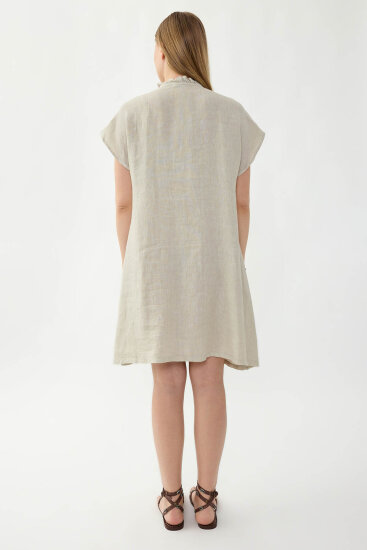 %100 Keten Bebe Yaka Sedef Düğmeli Kısa Kol Elbise - 13