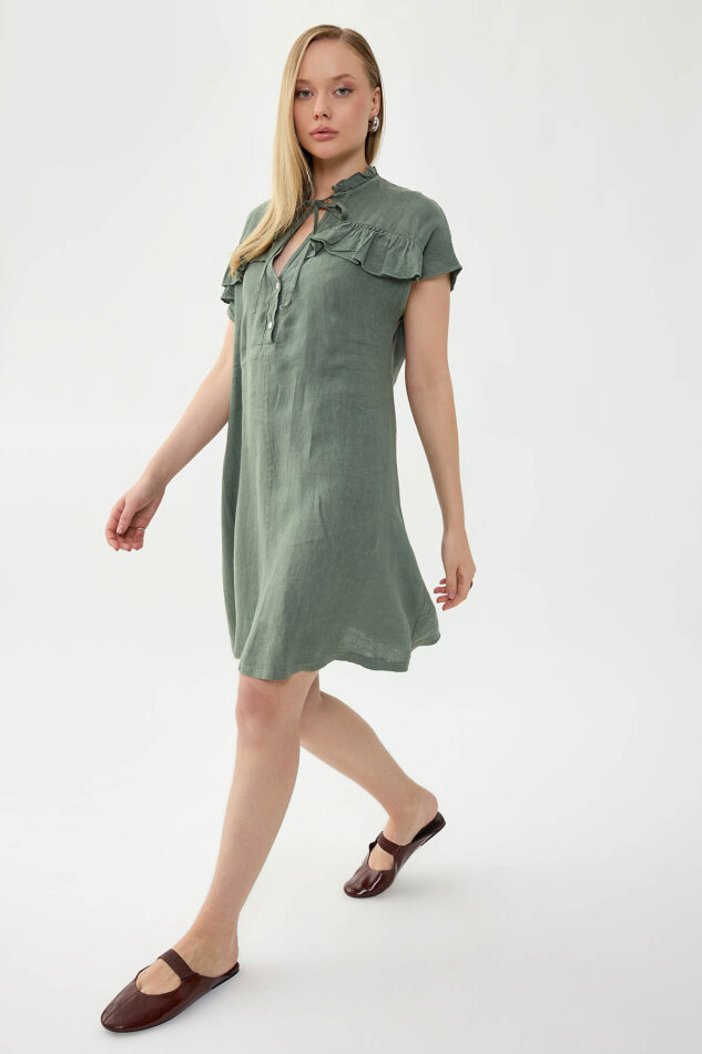 %100 Keten Bebe Yaka Sedef Düğmeli Kısa Kol Elbise - 6