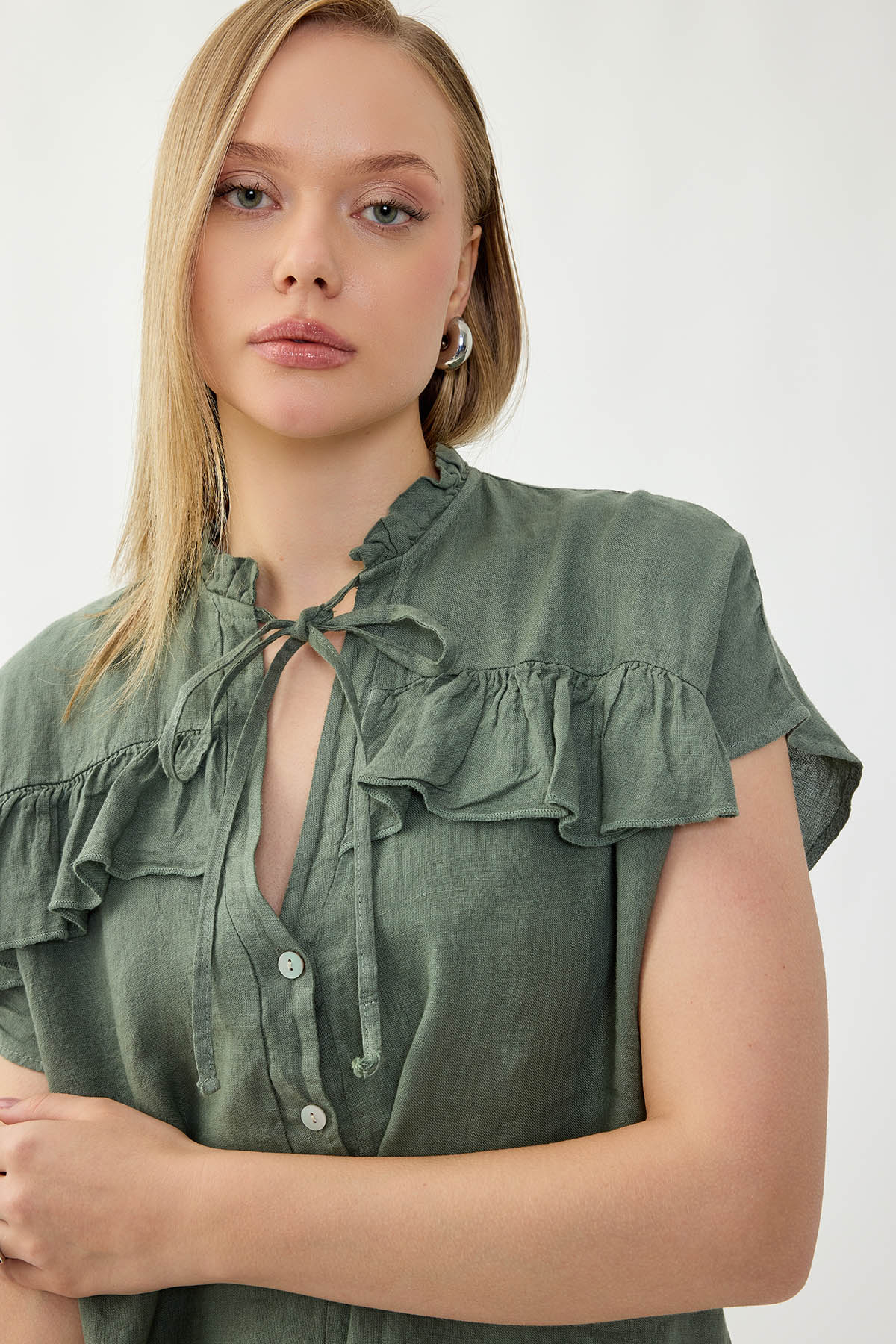 %100 Keten Bebe Yaka Sedef Düğmeli Kısa Kol Elbise - Thumbnail