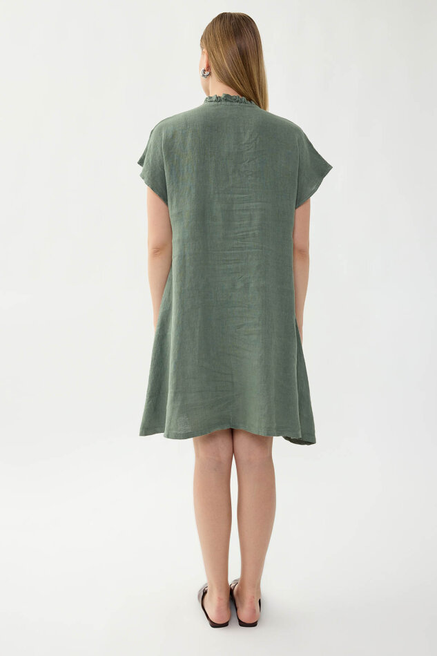 %100 Keten Bebe Yaka Sedef Düğmeli Kısa Kol Elbise - 9