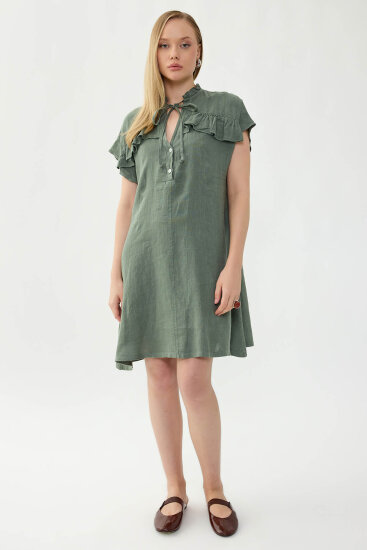 %100 Keten Bebe Yaka Sedef Düğmeli Kısa Kol Elbise - 8