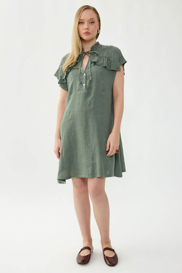 %100 Keten Bebe Yaka Sedef Düğmeli Kısa Kol Elbise - 8