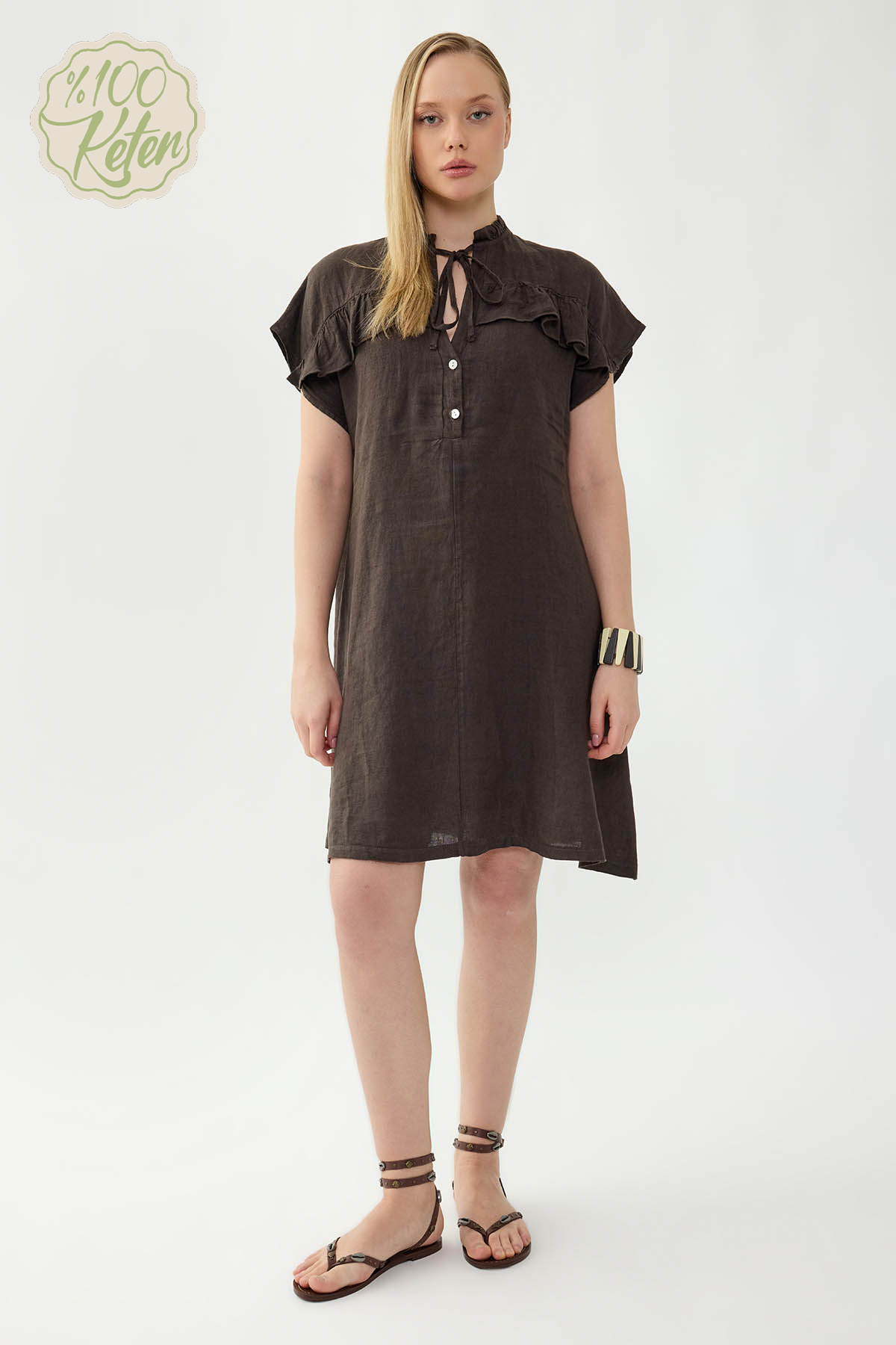 %100 Keten Bebe Yaka Sedef Düğmeli Kısa Kol Elbise - Thumbnail