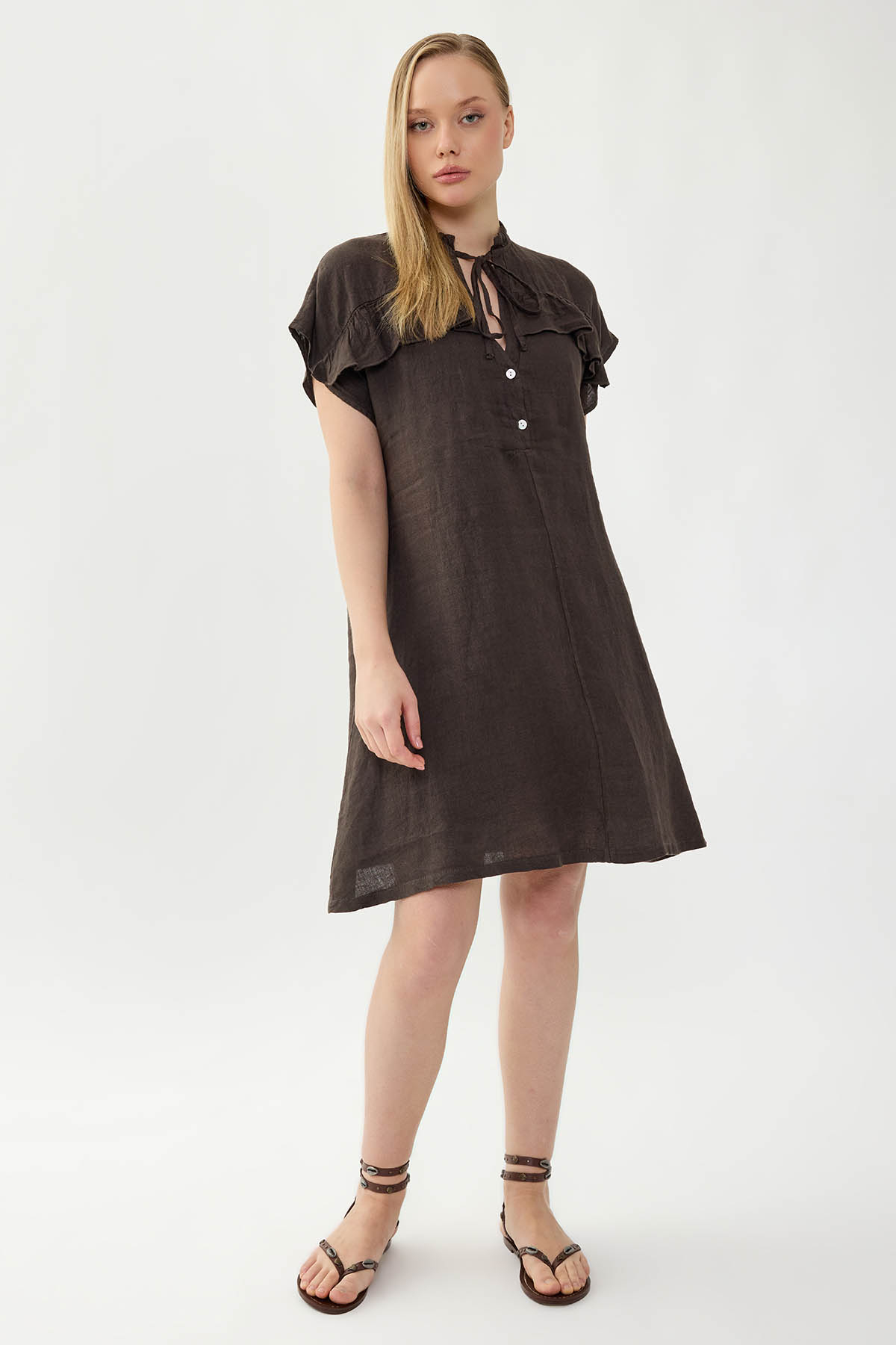 %100 Keten Bebe Yaka Sedef Düğmeli Kısa Kol Elbise - Thumbnail