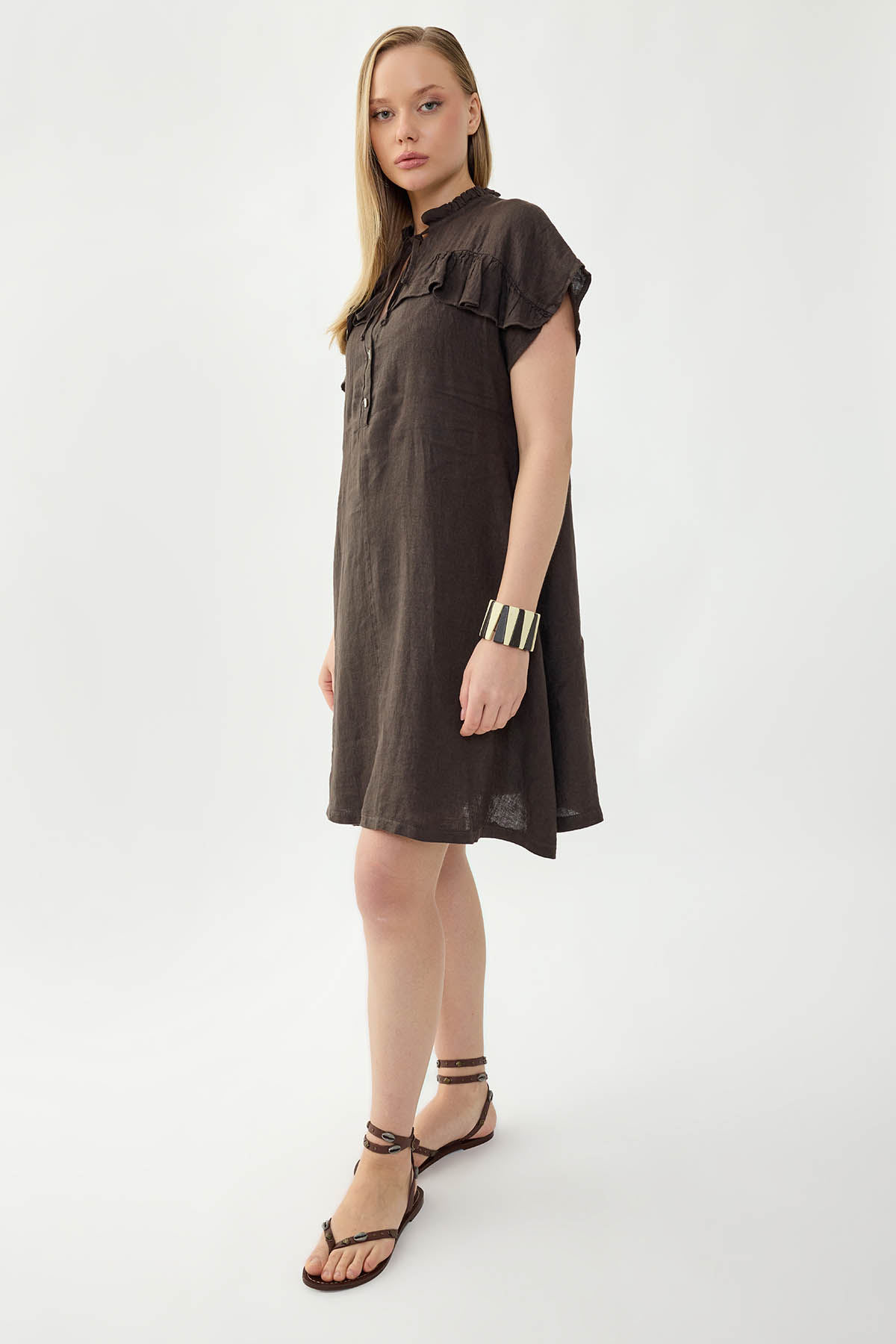 %100 Keten Bebe Yaka Sedef Düğmeli Kısa Kol Elbise - Thumbnail