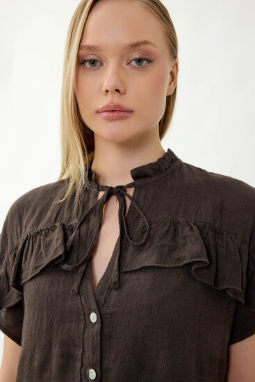 %100 Keten Bebe Yaka Sedef Düğmeli Kısa Kol Elbise - 22