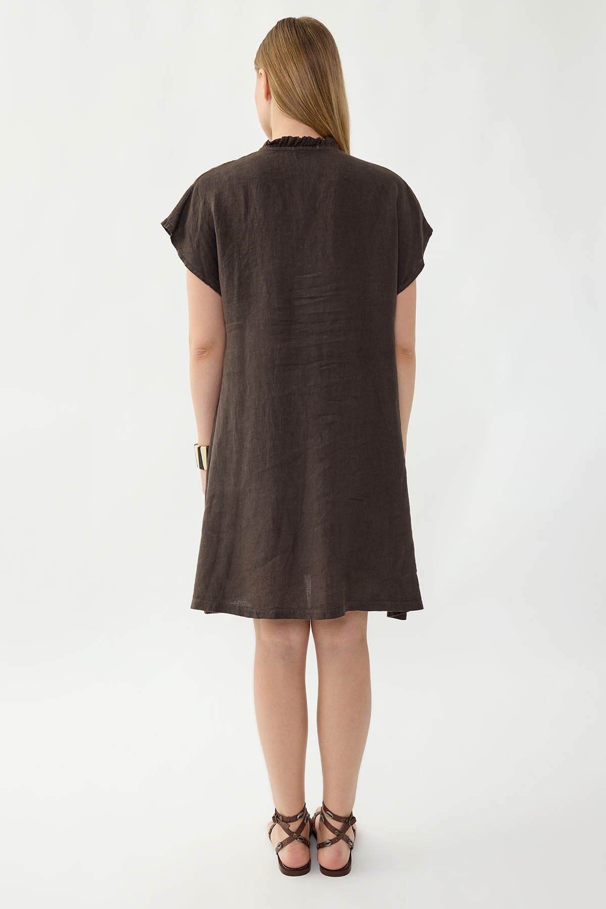 %100 Keten Bebe Yaka Sedef Düğmeli Kısa Kol Elbise - Thumbnail