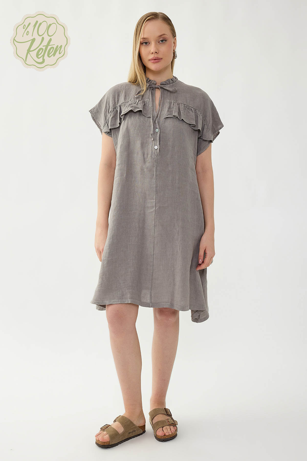 %100 Keten Bebe Yaka Sedef Düğmeli Kısa Kol Elbise - Thumbnail