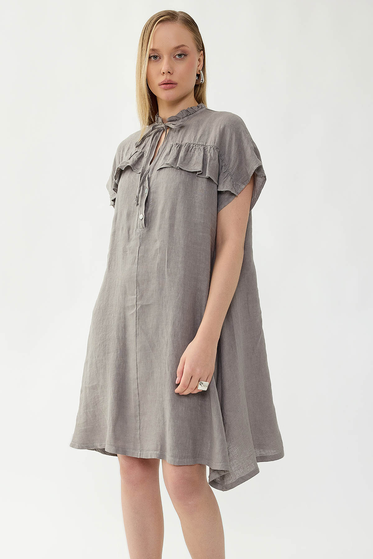 %100 Keten Bebe Yaka Sedef Düğmeli Kısa Kol Elbise - Thumbnail