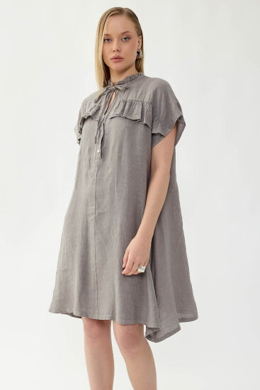 %100 Keten Bebe Yaka Sedef Düğmeli Kısa Kol Elbise - 24