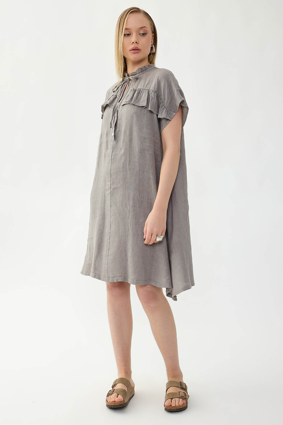 %100 Keten Bebe Yaka Sedef Düğmeli Kısa Kol Elbise - Thumbnail