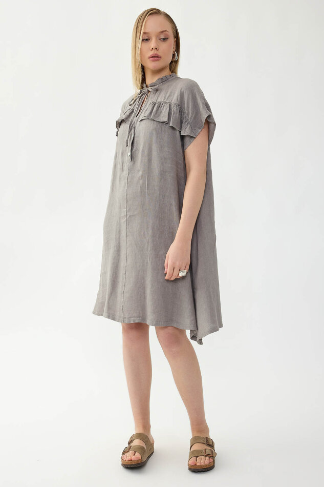 %100 Keten Bebe Yaka Sedef Düğmeli Kısa Kol Elbise - 25