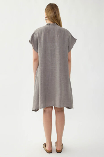%100 Keten Bebe Yaka Sedef Düğmeli Kısa Kol Elbise - 26
