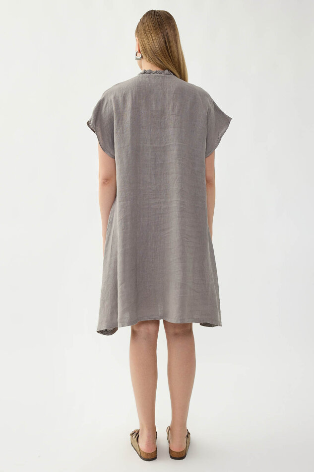 %100 Keten Bebe Yaka Sedef Düğmeli Kısa Kol Elbise - 26