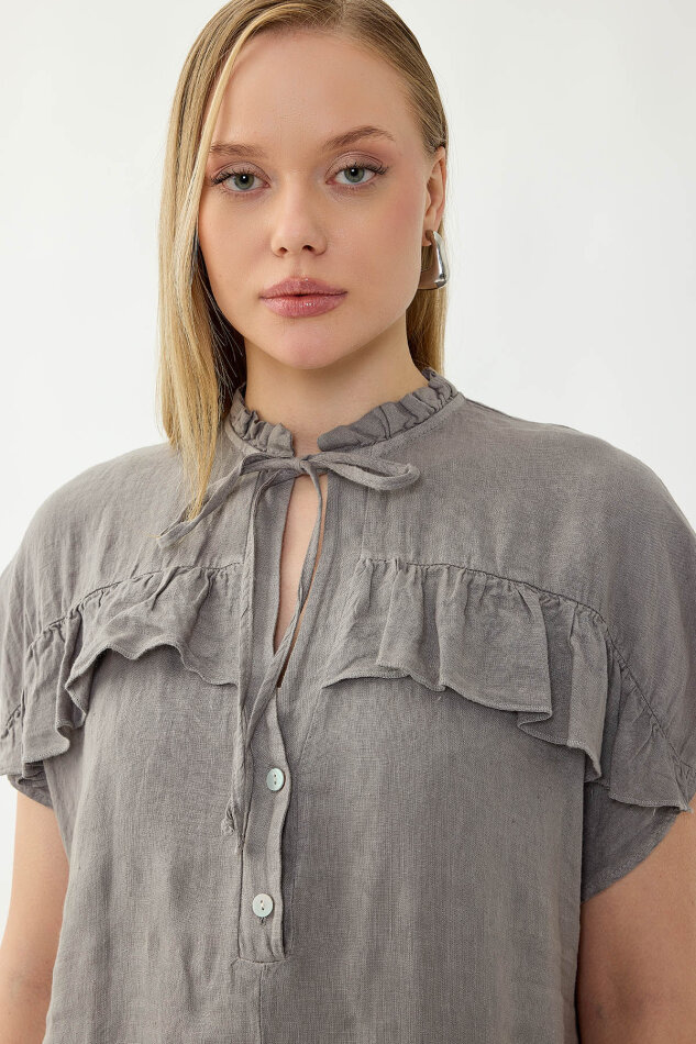 %100 Keten Bebe Yaka Sedef Düğmeli Kısa Kol Elbise - 27