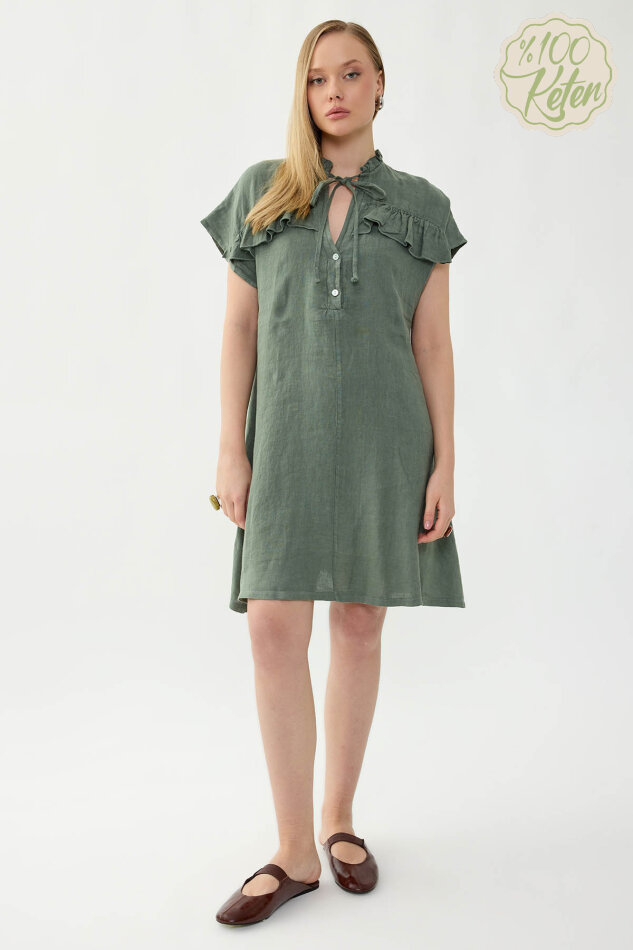%100 Keten Bebe Yaka Sedef Düğmeli Kısa Kol Elbise - 4