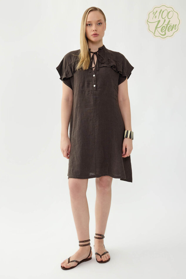 %100 Keten Bebe Yaka Sedef Düğmeli Kısa Kol Elbise - 17