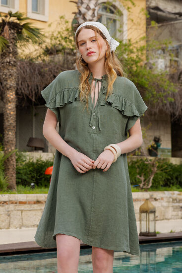 %100 Keten Bebe Yaka Sedef Düğmeli Kısa Kol Elbise - 3