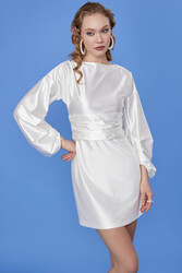 Bel Kısmı Büzgülü Saten Elbise - 8