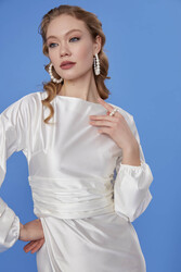 Bel Kısmı Büzgülü Saten Elbise - 9