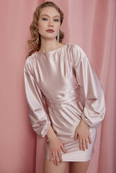 Bel Kısmı Büzgülü Saten Elbise - 11