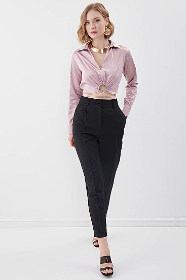 Bel Kısmı Detaylı Crop Saten Bluz - 1