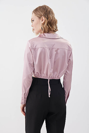 Bel Kısmı Detaylı Crop Saten Bluz - 5