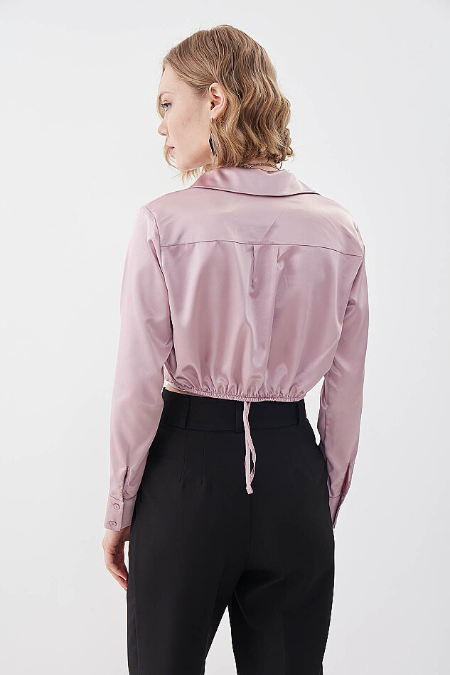 Bel Kısmı Detaylı Crop Saten Bluz - 5