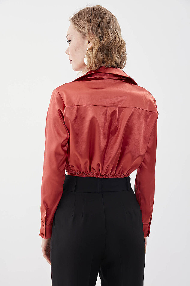 Bel Kısmı Detaylı Crop Saten Bluz - 10