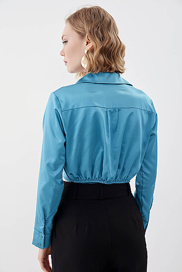 Bel Kısmı Detaylı Crop Saten Bluz - 15