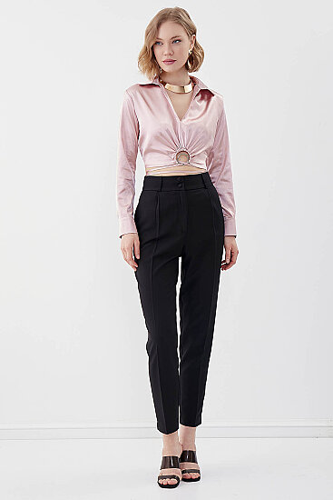 Bel Kısmı Detaylı Crop Saten Bluz - 16
