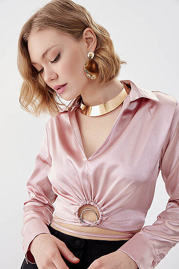 Bel Kısmı Detaylı Crop Saten Bluz - 17