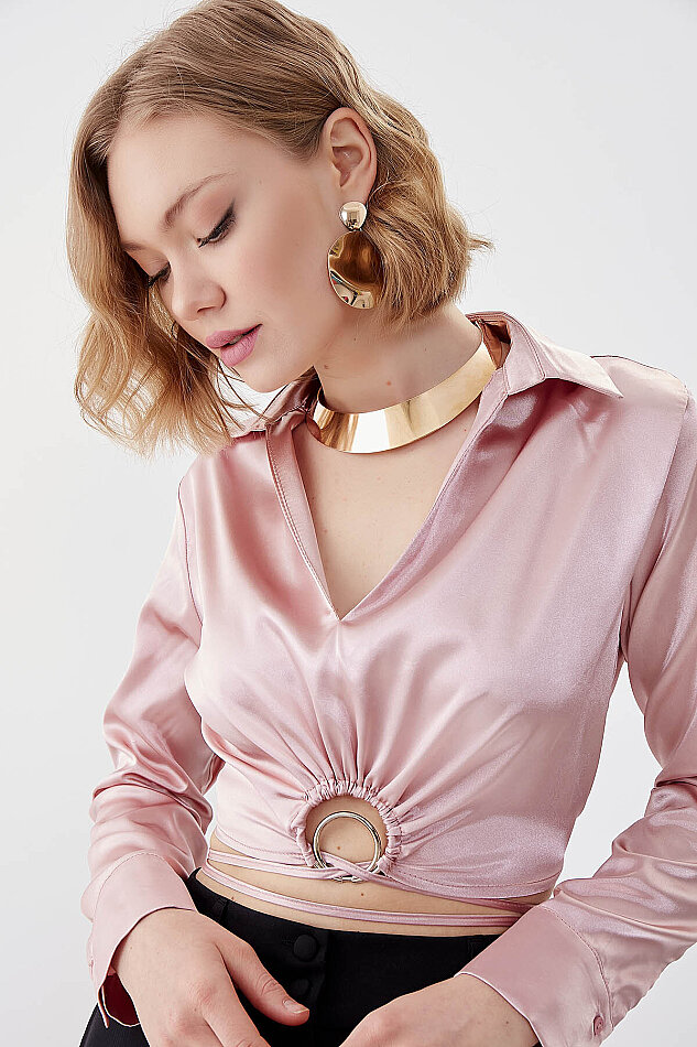 Bel Kısmı Detaylı Crop Saten Bluz - 17