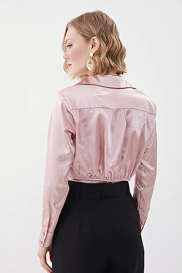 Bel Kısmı Detaylı Crop Saten Bluz - 21