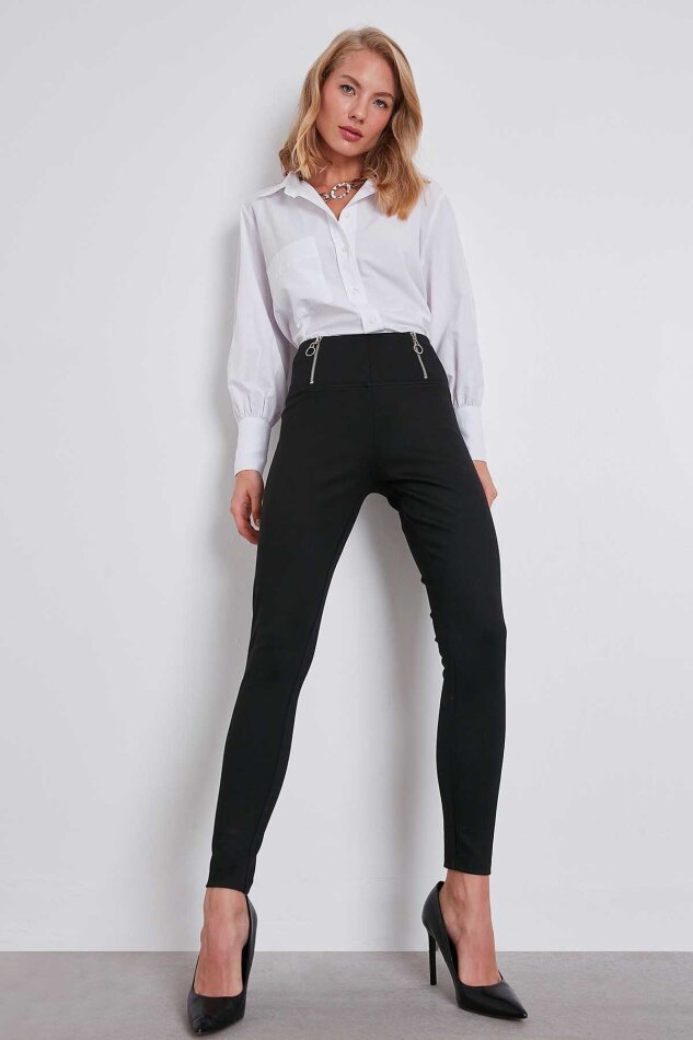 Belde Fermuar Detaylı Yüksek Bel Tayt - 3