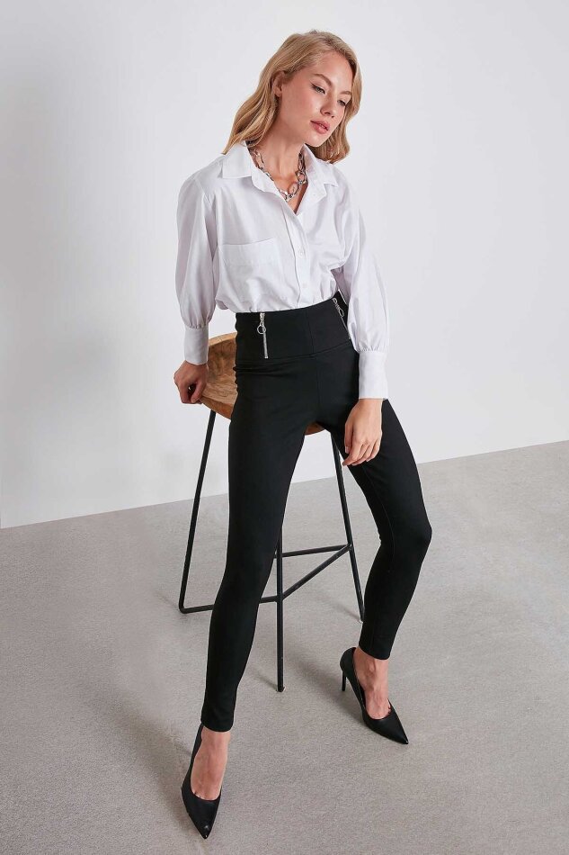 Belde Fermuar Detaylı Yüksek Bel Tayt - 6