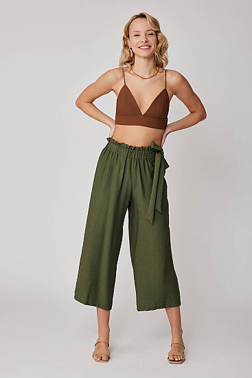 Belde Kuşak Detaylı Geniş Paça Pantolon - 14