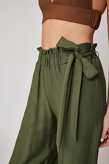 Belde Kuşak Detaylı Geniş Paça Pantolon - 16