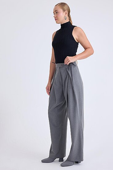 Beli Bağcıklı Geniş Paça Pantolon - 3