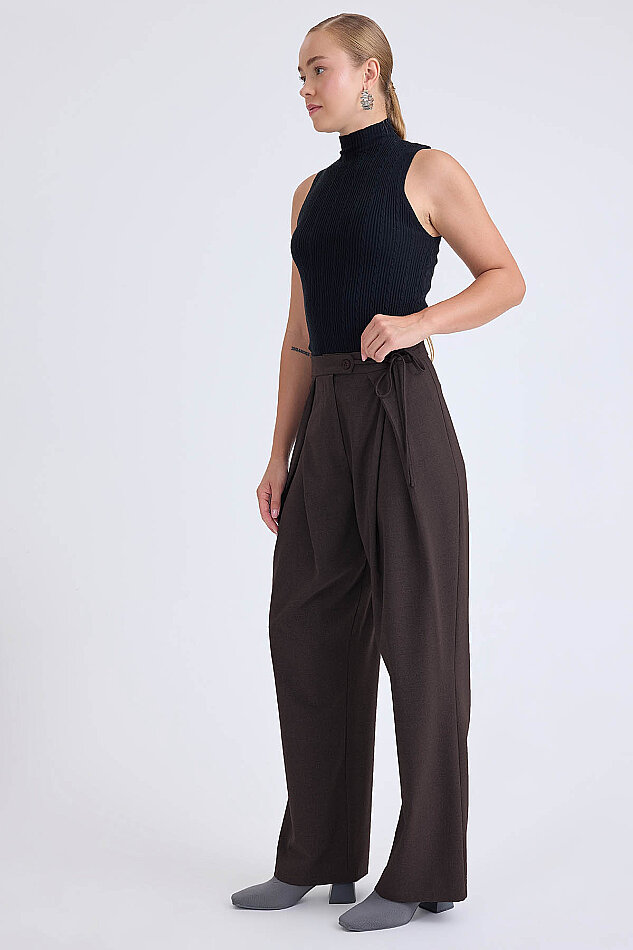 Beli Bağcıklı Geniş Paça Pantolon - 10